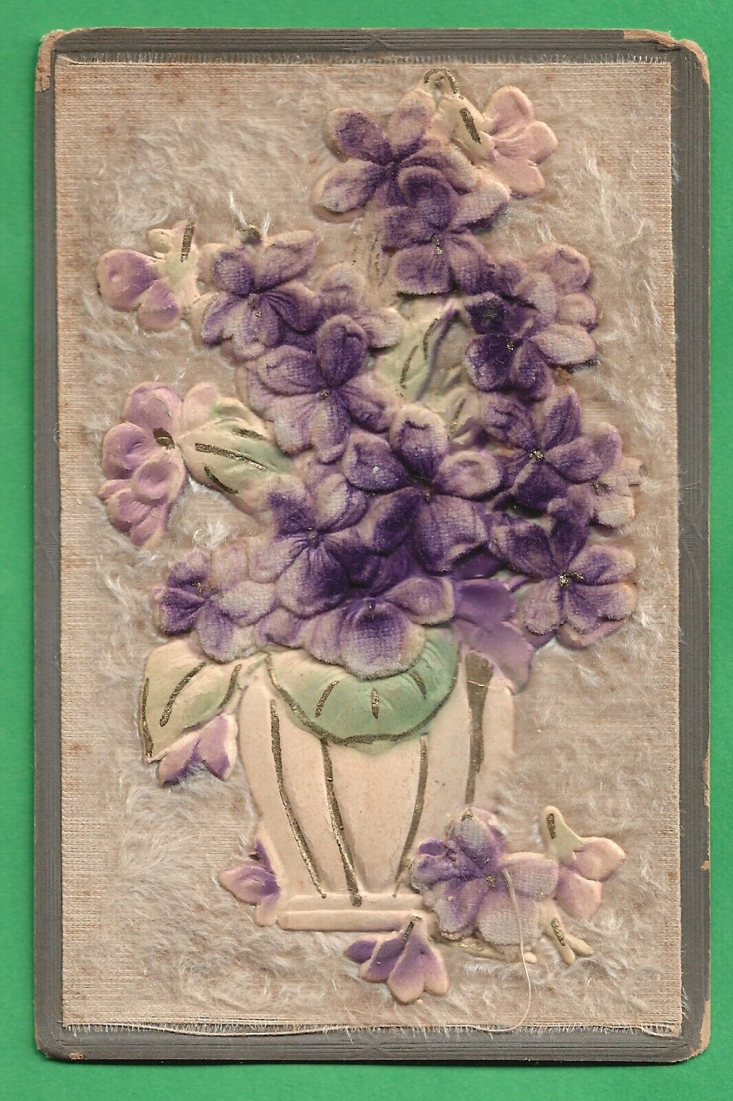 Vintage Postcard Velvet Flowers & Vase with 