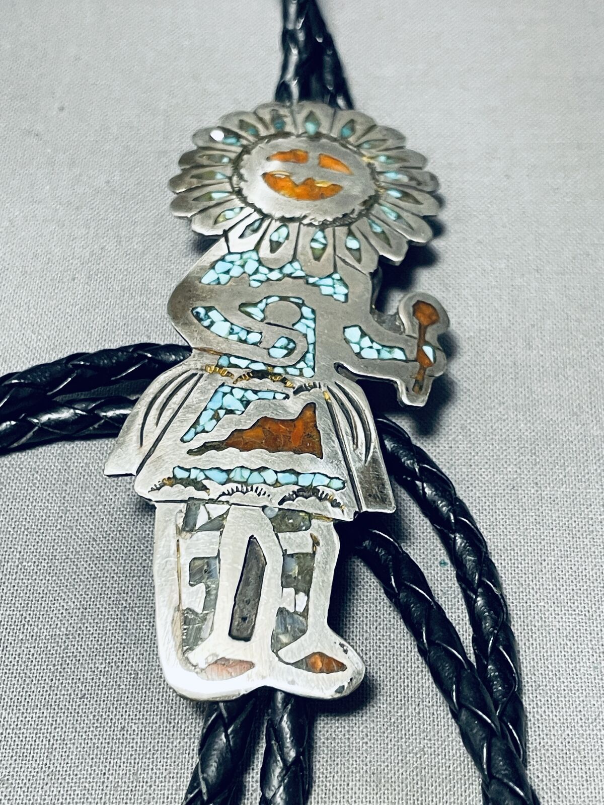 LARGER VINTAGE NAVAJO TURQUOISE CORAL INLAY KACHINA STERLING SILVER BOLO TIE