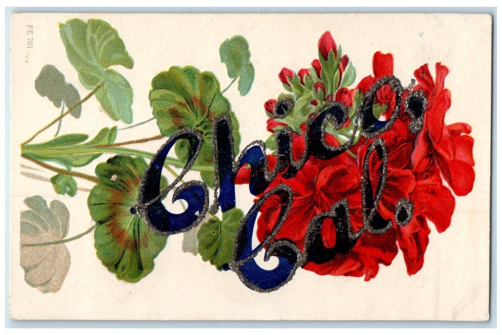 c1910s Greetings From Chico California CA, Red Flowers Glitter Embossed Postcard