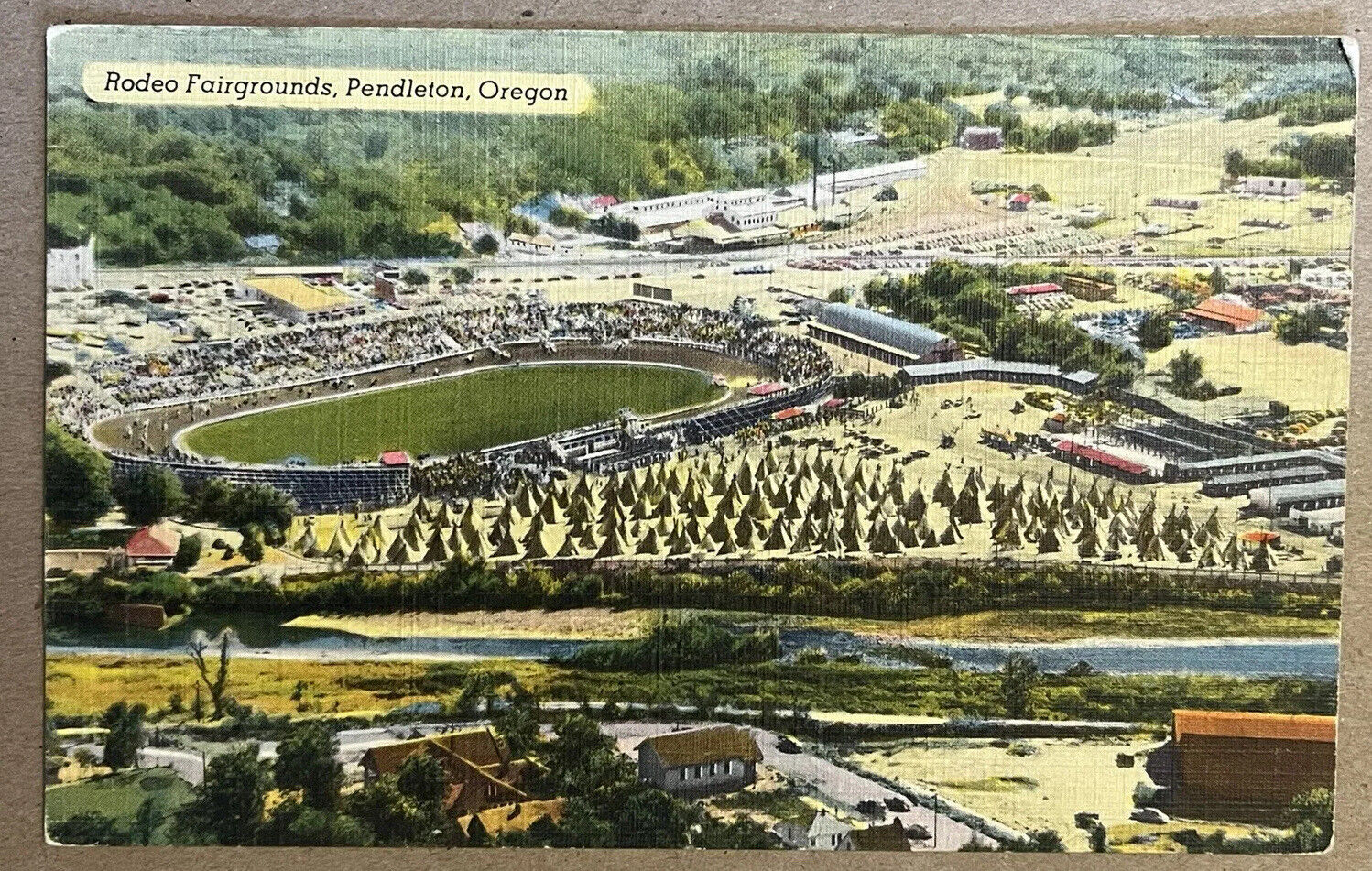 Pendleton Oregon Stadium Rodeo Fairgrounds Indian Village Postcard c1940