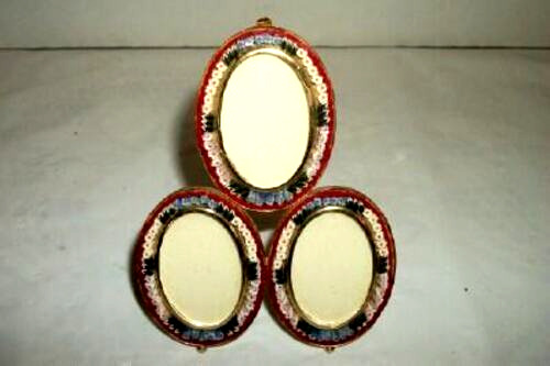 ITALIAN MICRO MOSAIC PICTURE FRAME TRIPLE OVAL STACKED BRASS EASEL BACK GLASS