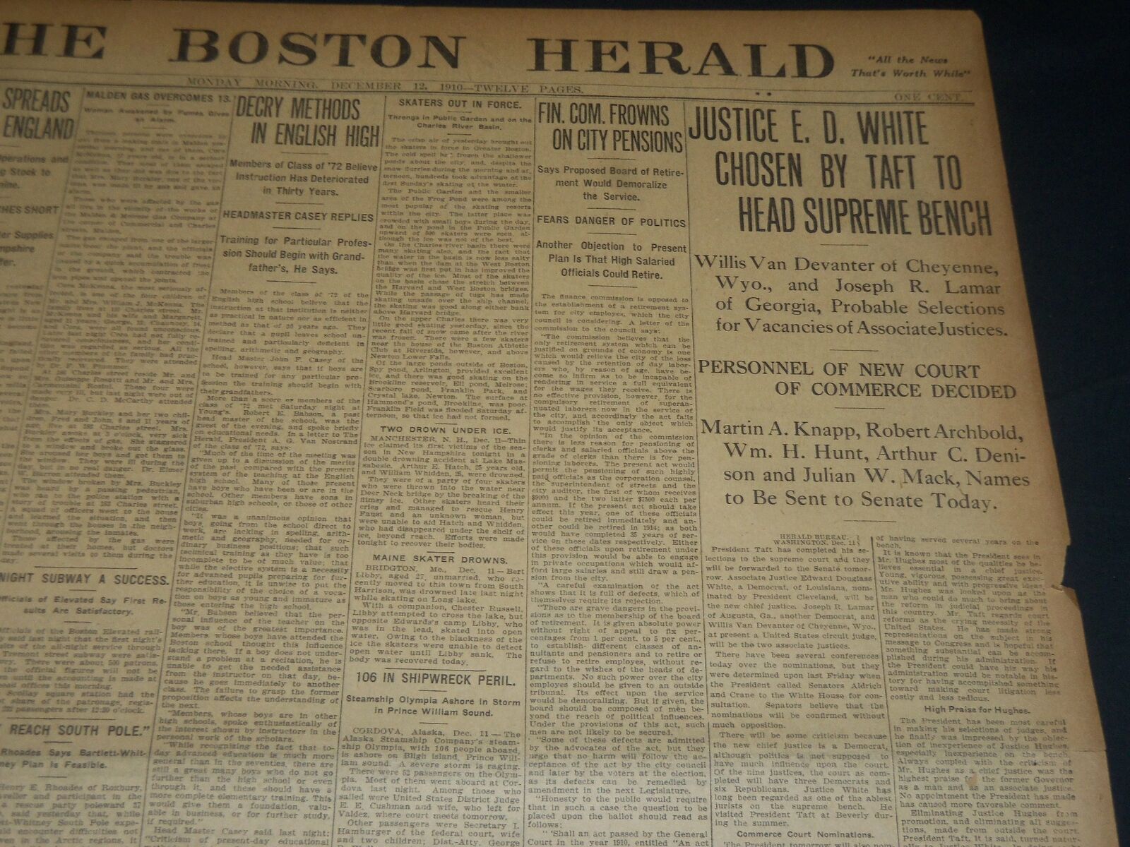 1910 DECEMBER 12 THE BOSTON HERALD - E. D. WHITE TO HEAD SUPREME BENCH - BH 279