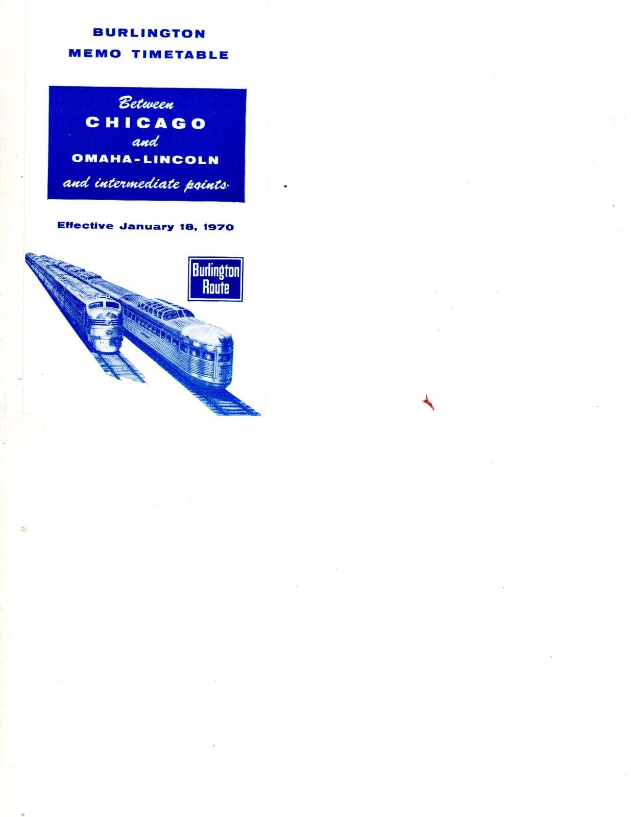 CHICAGO, BURLINGTON & QUINCY RR - CHICAGO TO OMAHA/LINCOLN TT - 1/18/1970