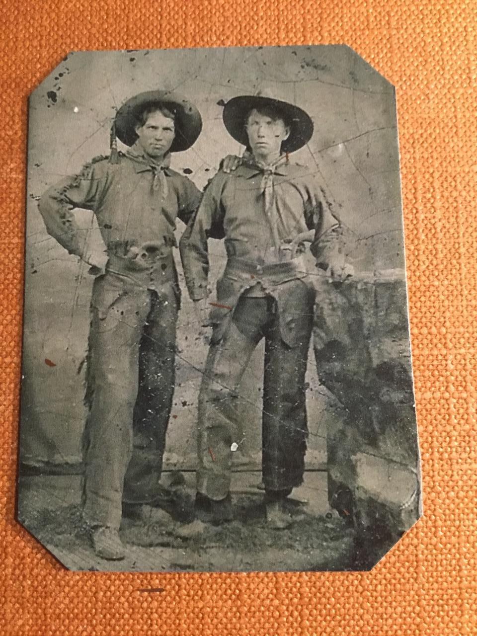 Two Western Cowboys with pistols in their belts tintype C339RP