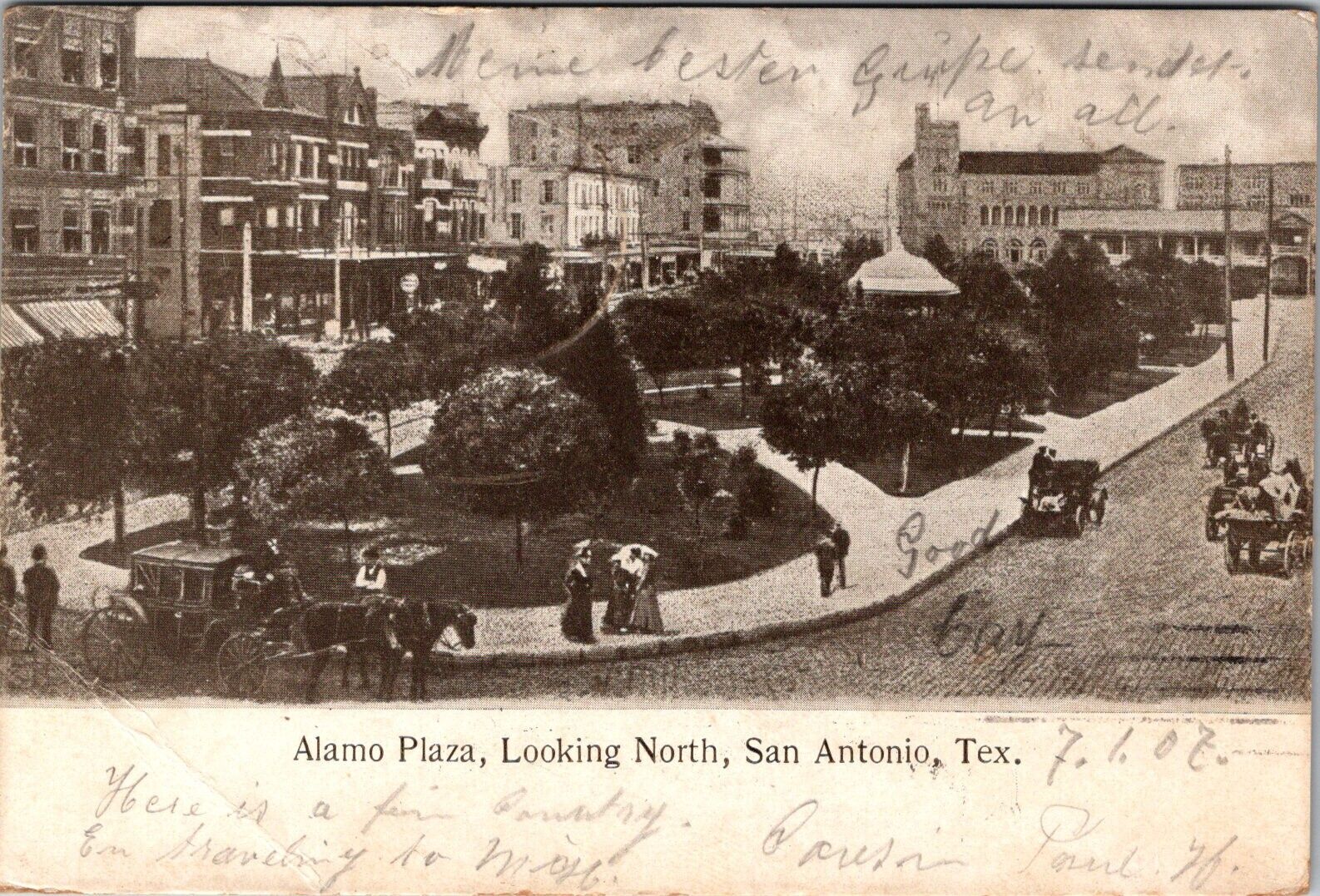 San Antonio Texas Alamo Plaza Looking North Horses & Carriages 1907 Pcard J709