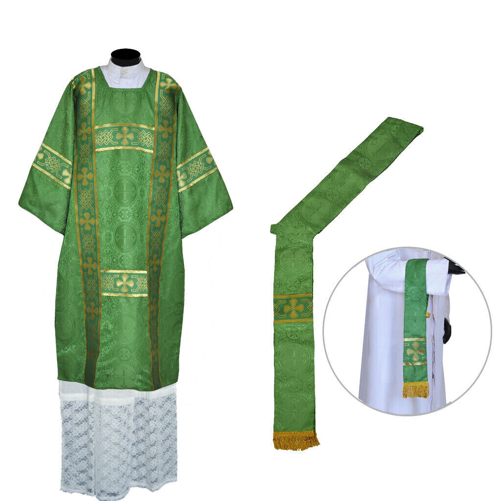 Green Deacon Dalmatic Vestment, Deacon's stole & maniple,Roman Dalmatic Chasuble