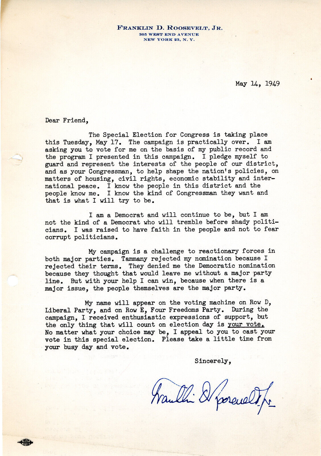 Franklin D Roosevelt Signed Letter 1949