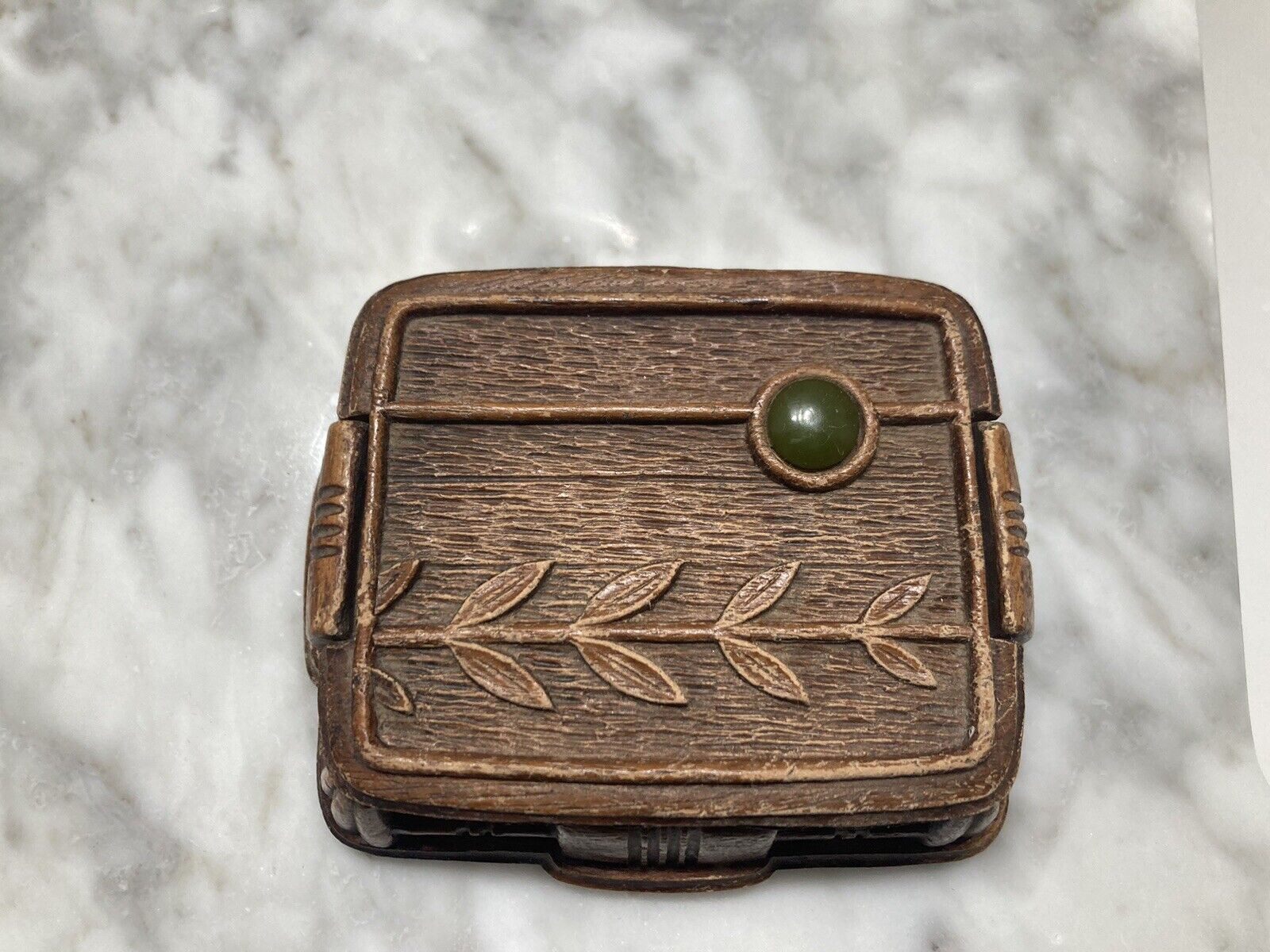 Art Deco Resin Trinket Box box Leaf Design And Green Gem