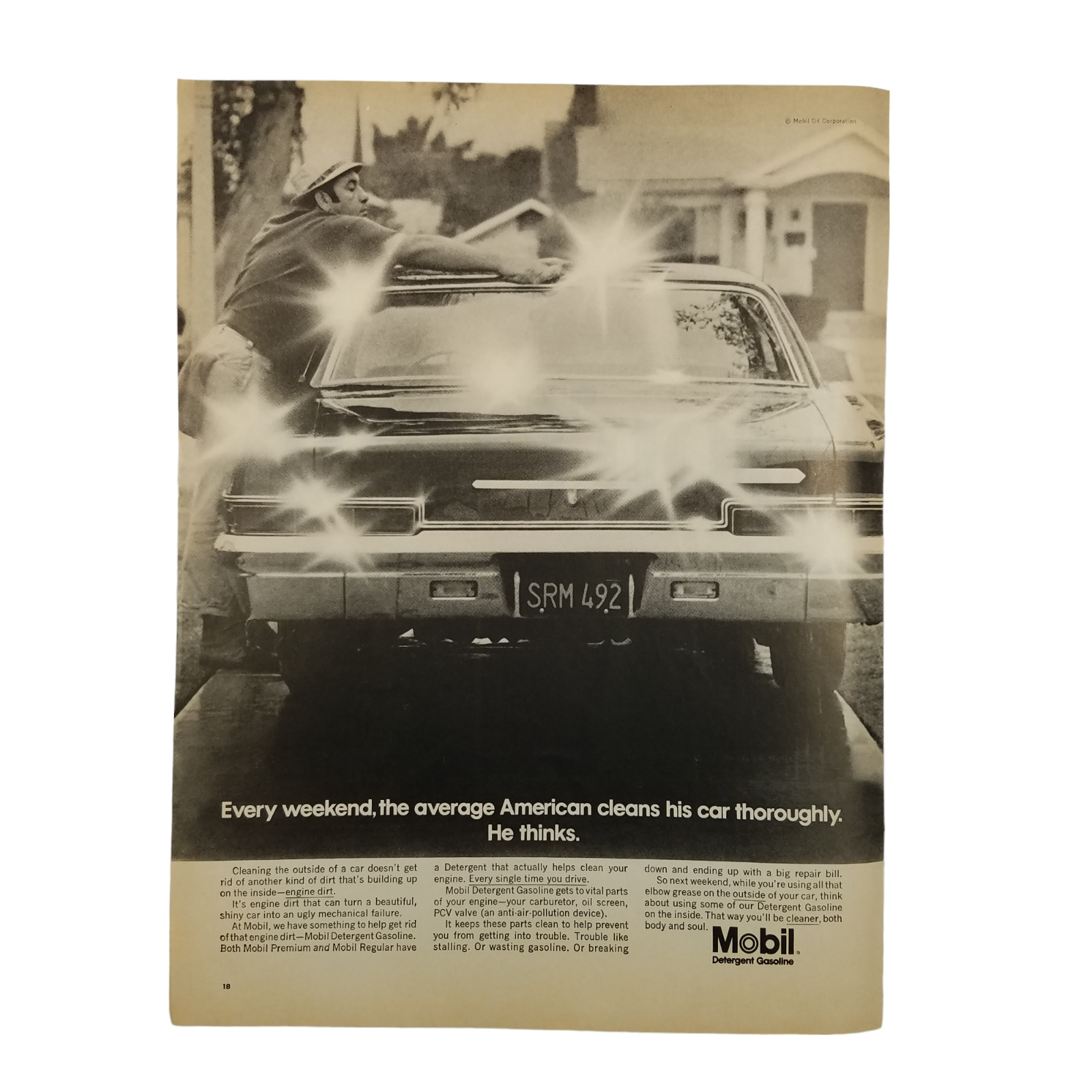 1968 Mobil Detergent Gasoline Vintage Print Ad Thinks He Cleans His Car Thorough