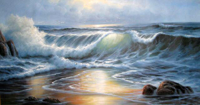 Dream-art Oil painting seascape with nice ocean waves and rocks in sunset 36