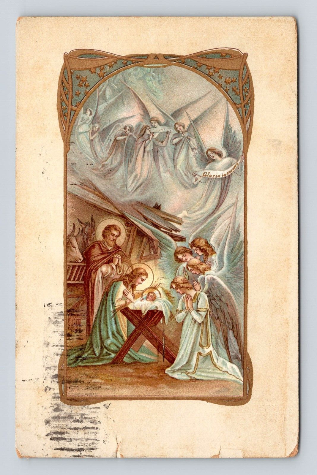 Postcard Jesus Christ Baby Manger Nativity /Angels 1912 Cancel Washington Stamp