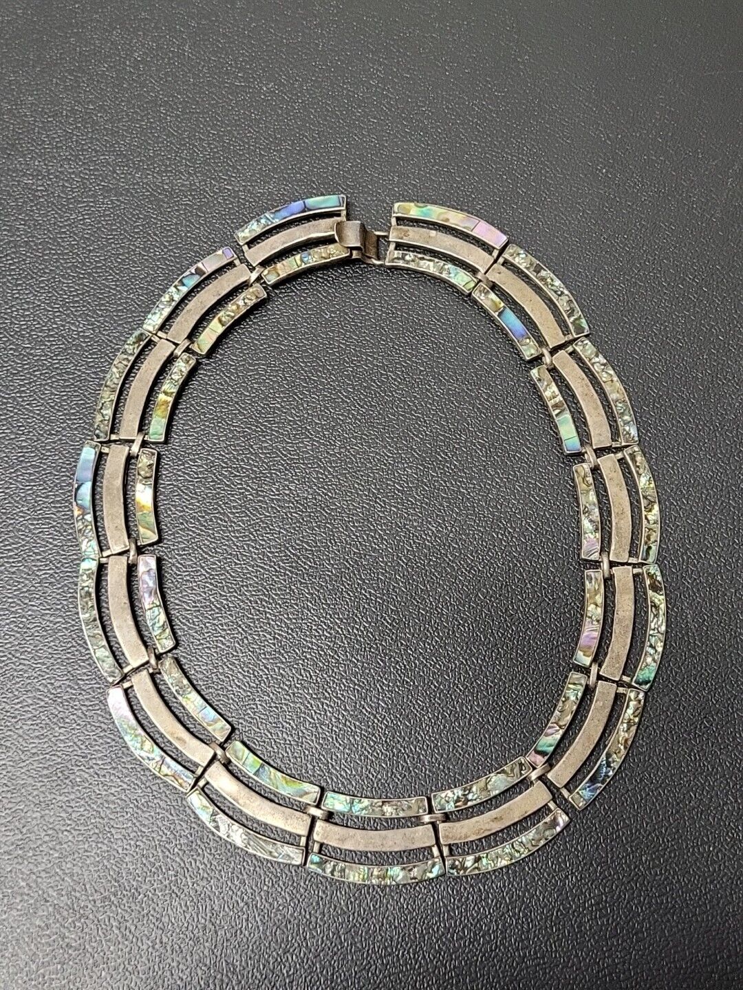 Vintage Taxco Mexico Inlaid Abalone Shell Sterling Silver Choker Necklace
