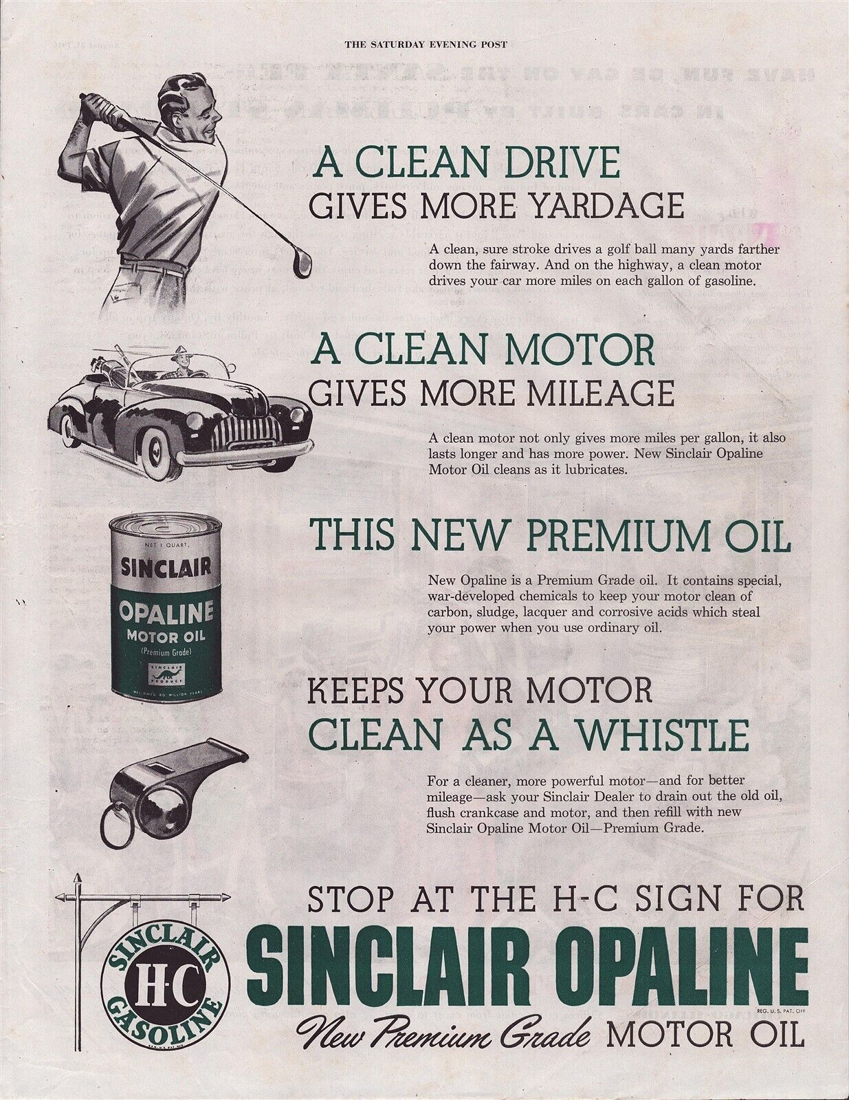 1946 Sinclair Opaline Gasoline Premium Grade Motor Oil Vintage Print Ad L61