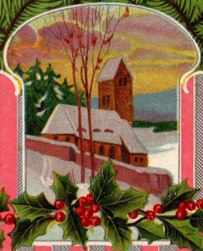 1913 Embossed Postcard Christmas Snow Holly Buildings Germany
