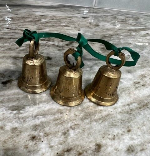 Vintage Etched Brass Bells Set Of 3