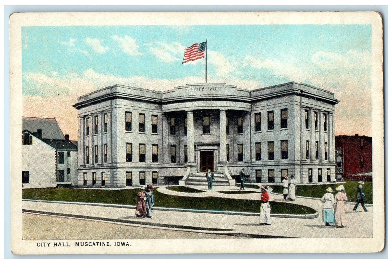 c1920's City Hall Building Pathways People US Flag Muscatine Iowa IA Postcard