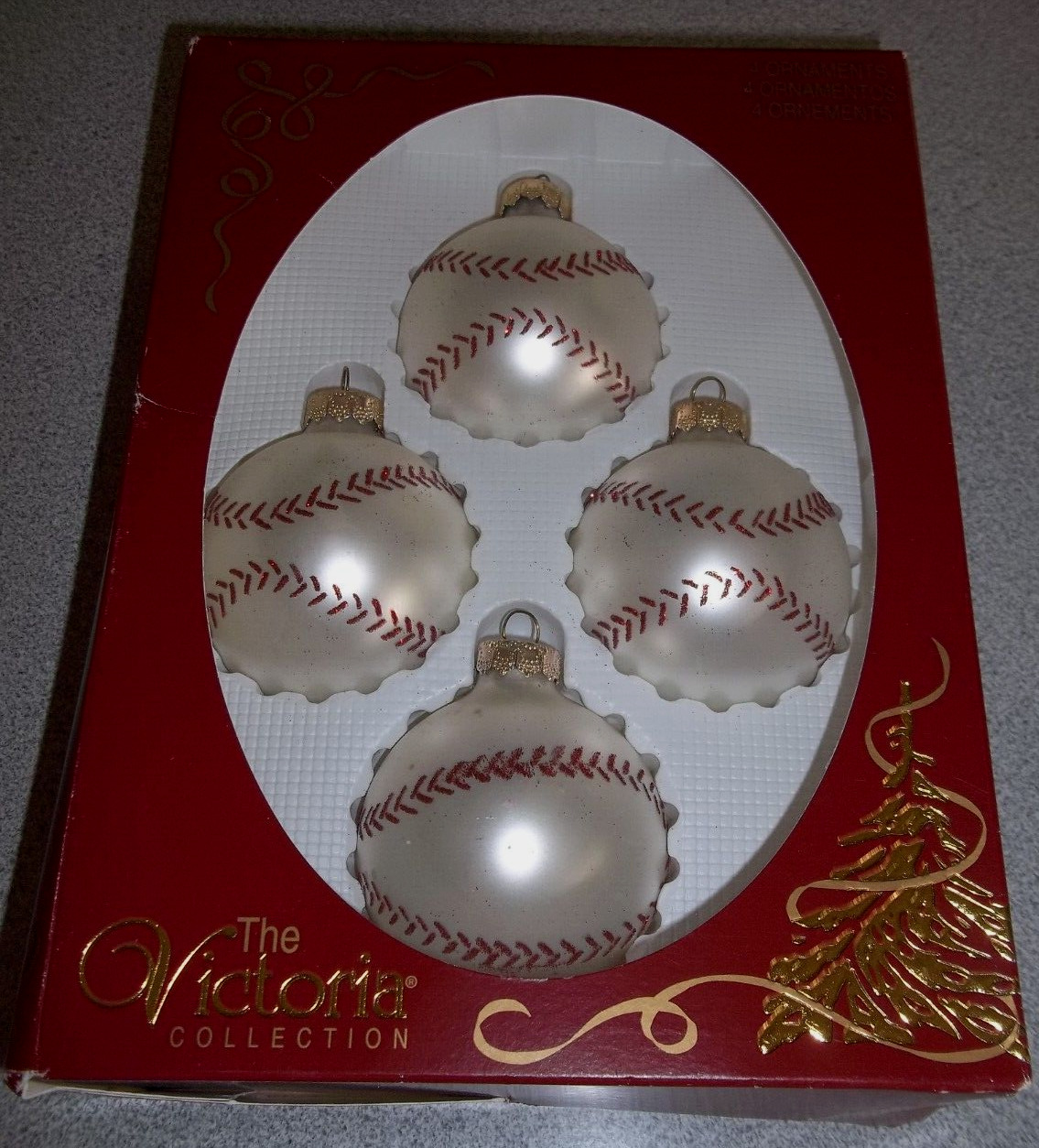 Vtg Set of 4 Glass Baseball Ornaments The Victoria Collection Original Box USA