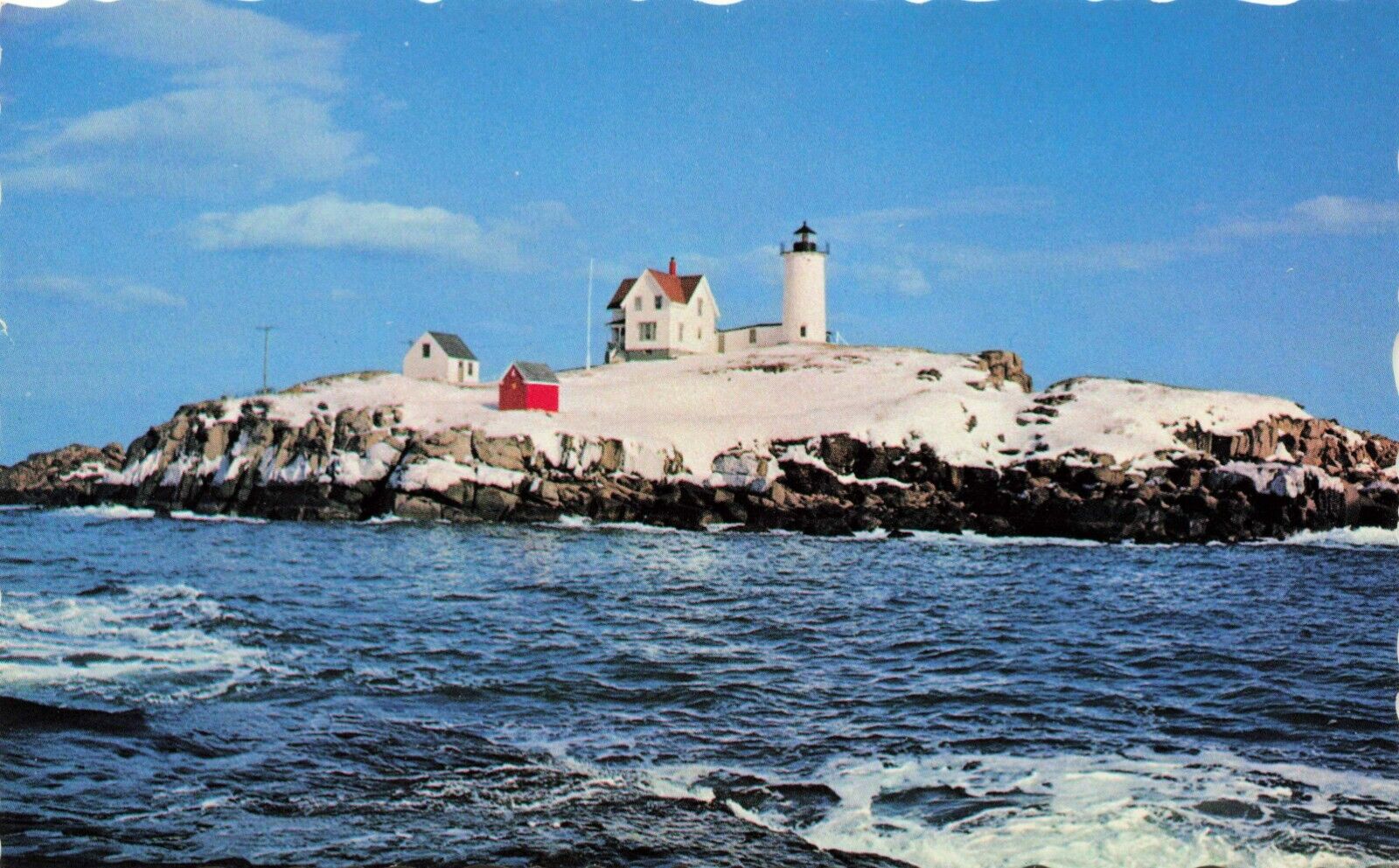 Postcard Nubble Light Covered in Snow, Cape Neddick, York Beach, Maine ME