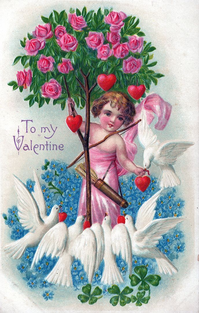 VALENTINE'S DAY - Cupid At Tree Of Hearts Surrounded By Doves Postcard - 1909