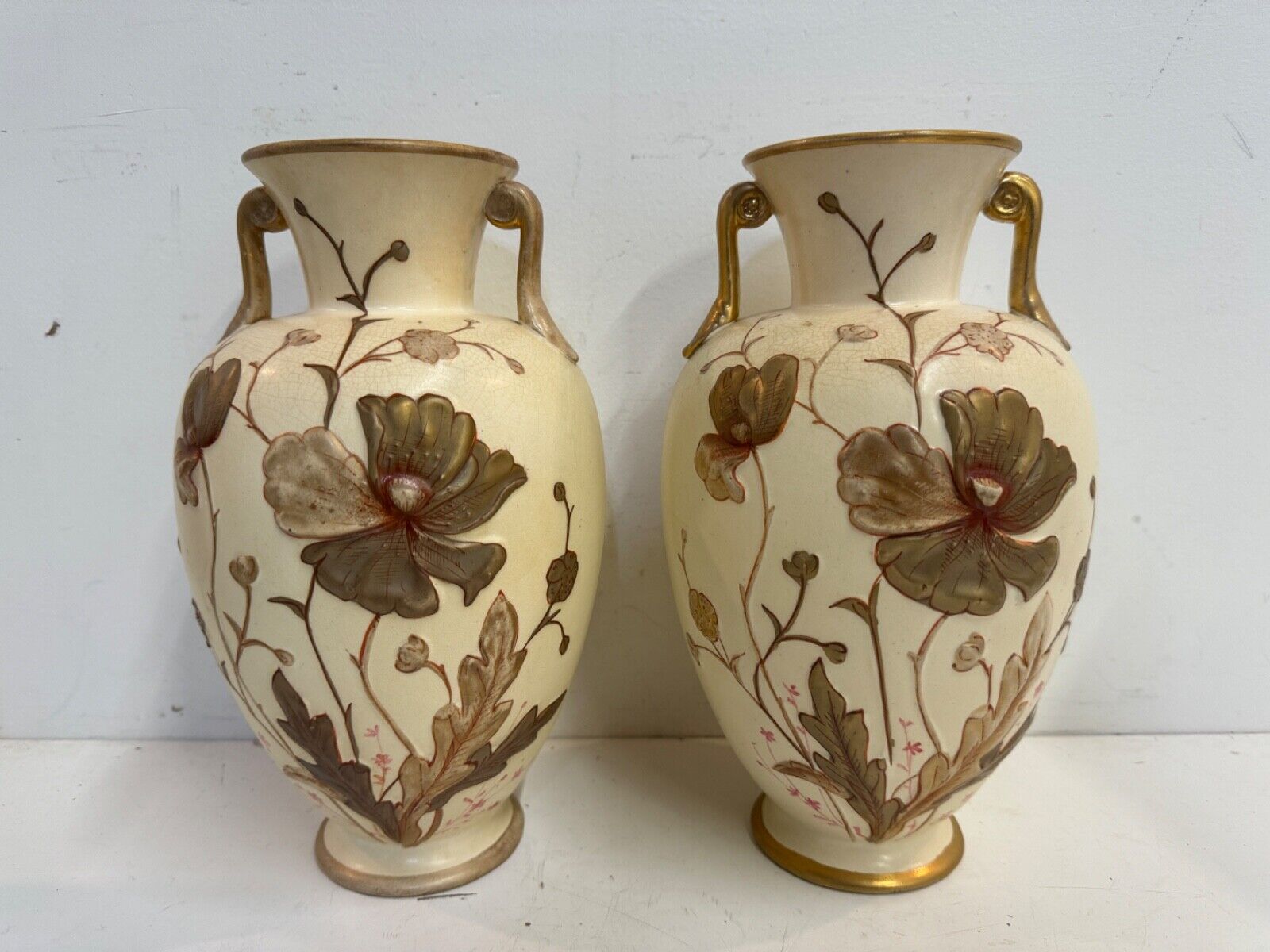 Antique Royal Devon England Porcelain Pair of Vases with Raised Gold Flowers Dec