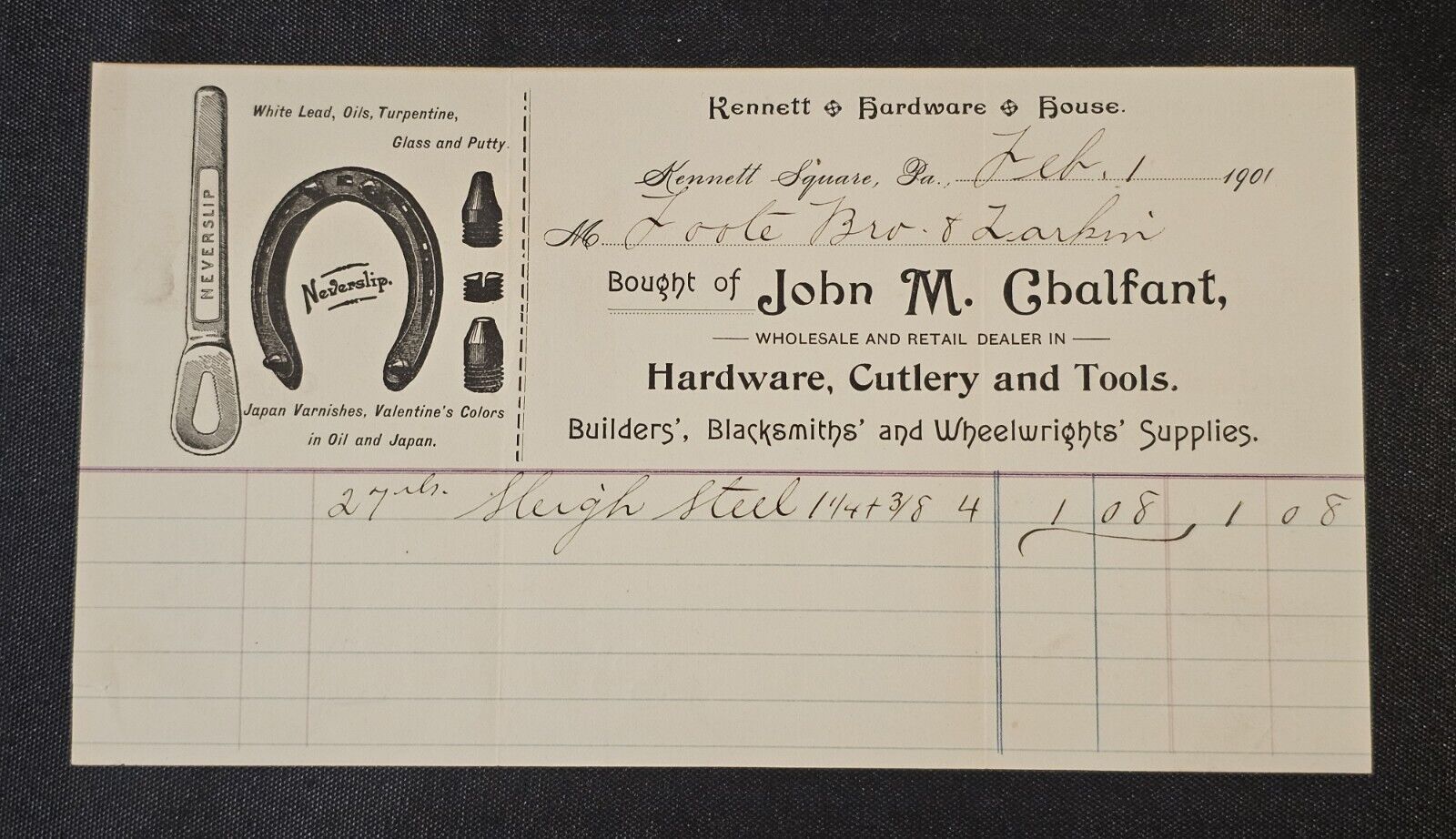1901 John M Ghalfant Hardware Cutlery Tools Illustrated Billhead Kennett Sq, PA
