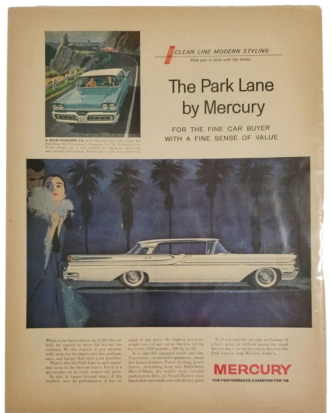 1958 Mercury Park Lane Auto Single Page Magazine Ad