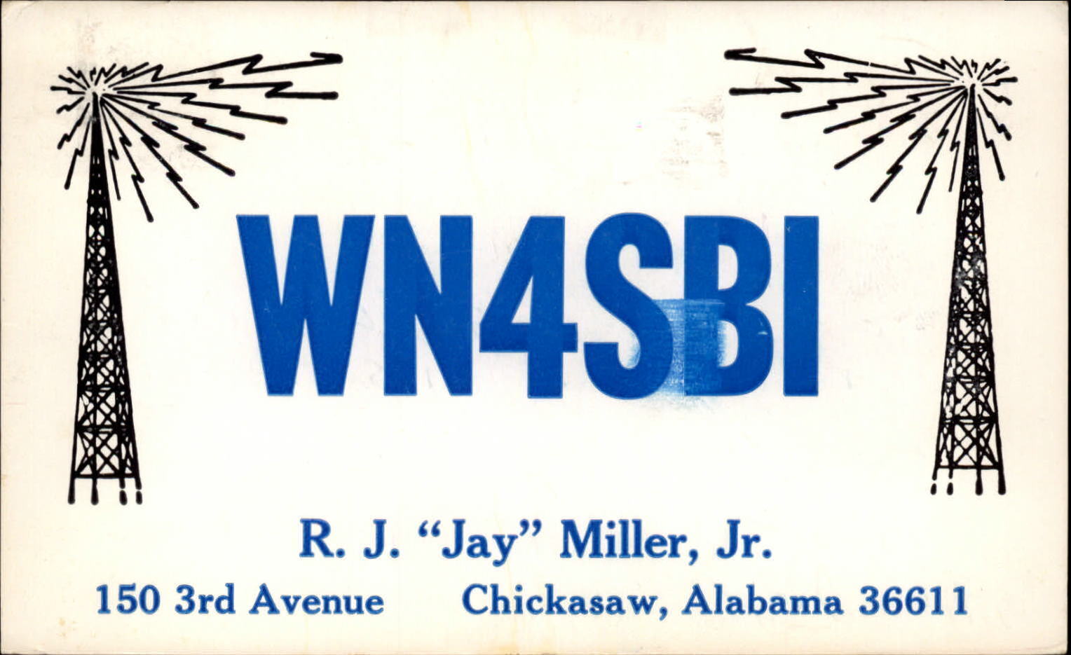 QSL radio card WN4SBI 1971 Chickasaw Alabama  Jay Miller Jr Antenna Radio Waves