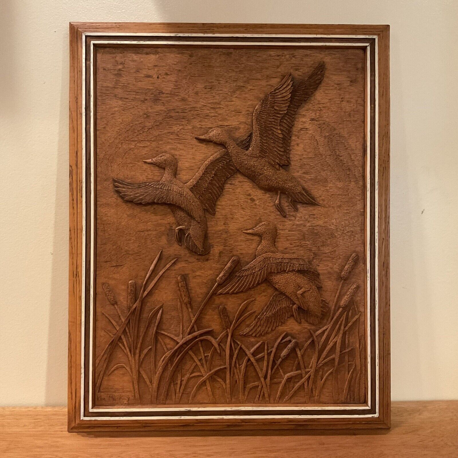 Vintage Kim Murray Wood Carving Picture.   Wild Ducks In Marsh  14.75 W 18.5 H