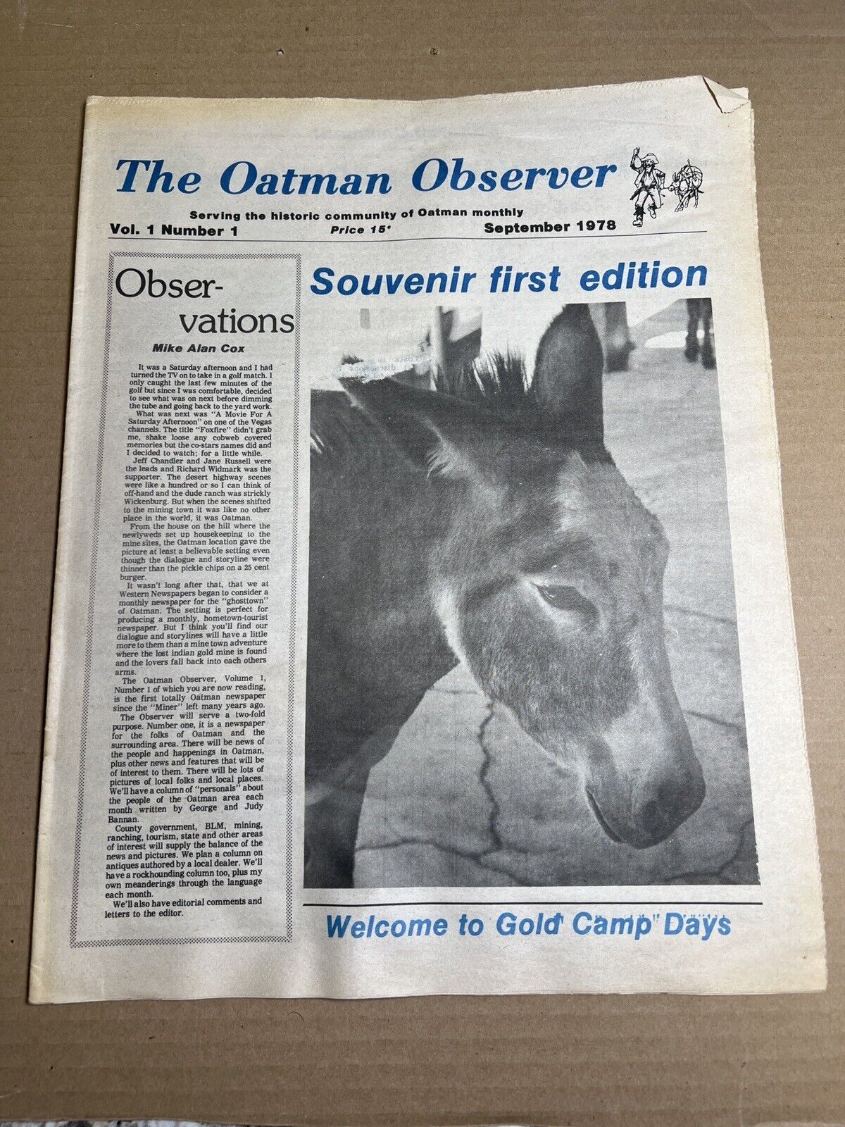 The Oatman Observer Newspaper Oatman Arizona Vol 1 #1 September 1978 ISSUE #1