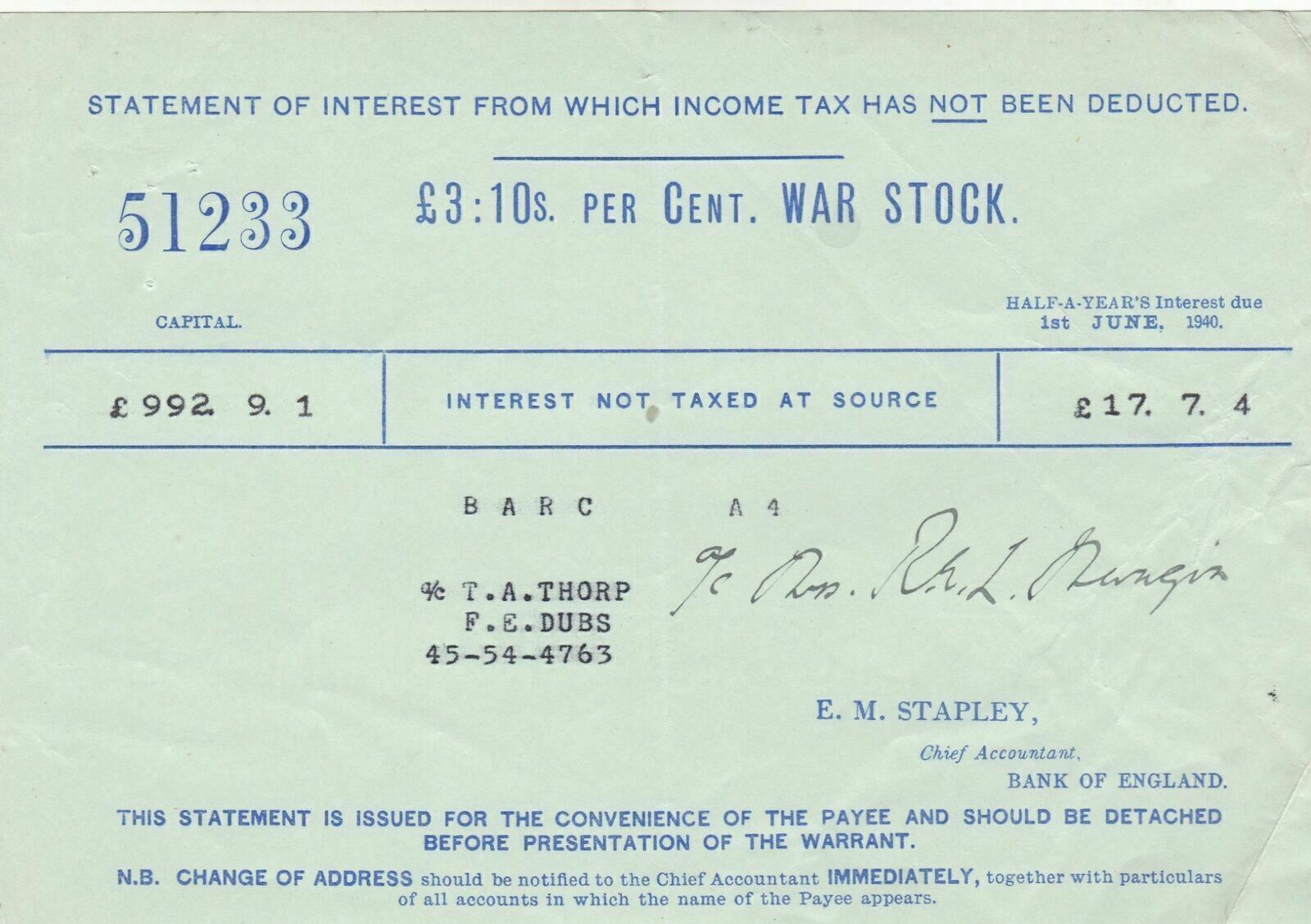 £3:10s per Cent WAR STOCK 1940 Half YrsInterest,Tax Not Deducted Voucher Rf48738