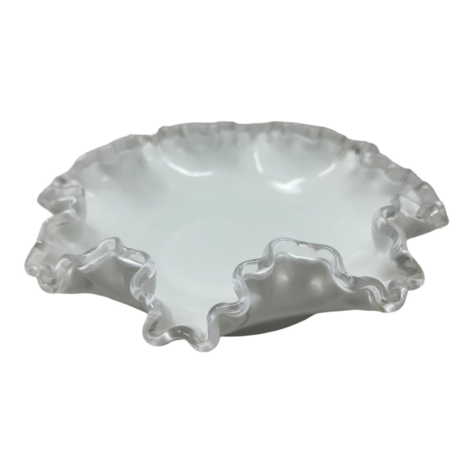 Fenton Silver Crest White Milk Glass Candy Dish Trinket Dish Clear Ruffle Vtg