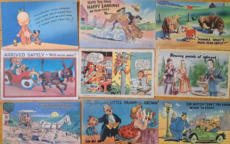 Lot of 9  HUMOR  COMIC        Old Linen Postcards
