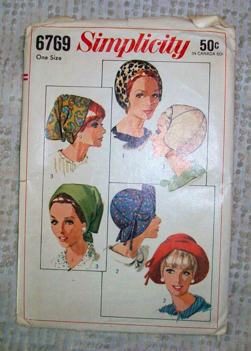 Simplicity Vintage 60s Hat Sewing Pattern 6769 Set of Hats Helmet Brim Scarf Tie