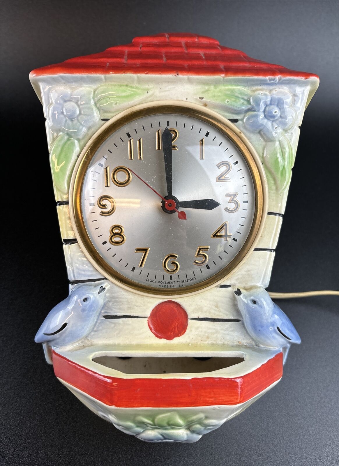 Vtg Sessions Ceramic Kitchen Wall Clock Bird House Floral Wall Pocket Mid Centry