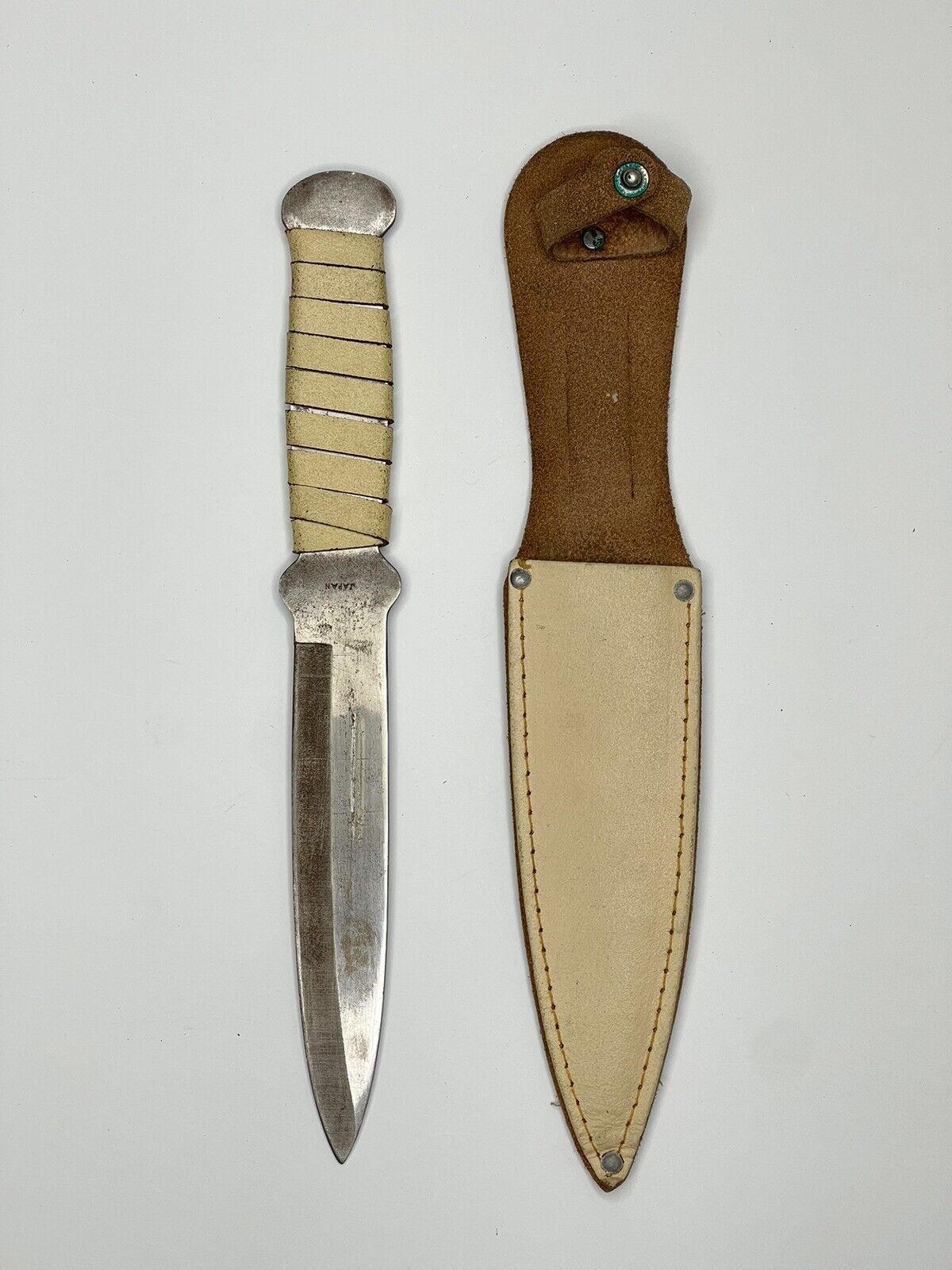 Fixed Blade Knife Japan Tan Leather Handle Sheath Balanced Throwing Vintage