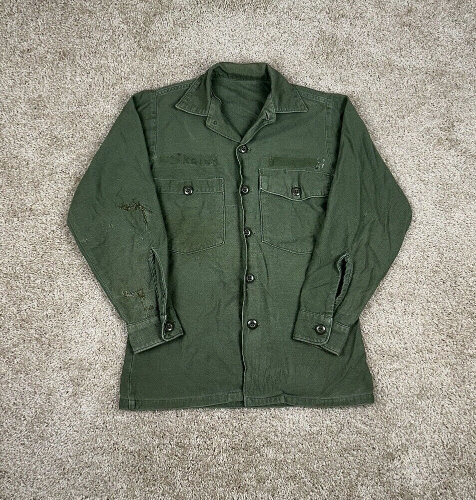 Vintage 60s 70s Vietnam War USMC OG107 507 Green Fatigue Field Shirt Size Small
