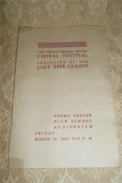 1954 CLEVELAND LAKE ERIE LEAGUE CHORAL FESTIVAL PARMA HIGH SCHOOL OHIO PROGRAM