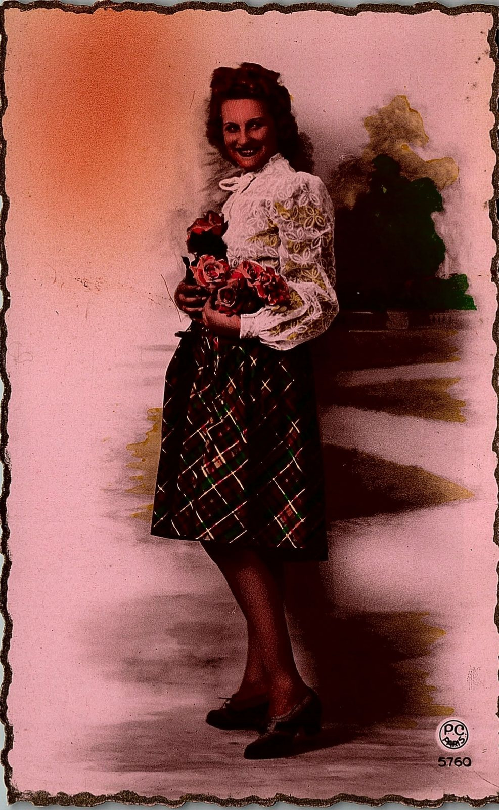 c1915 PRETTY YOUNG WOMAN FLOWERS P-C PARIS TINTED REAL PHOTO POSTCARD  17-45