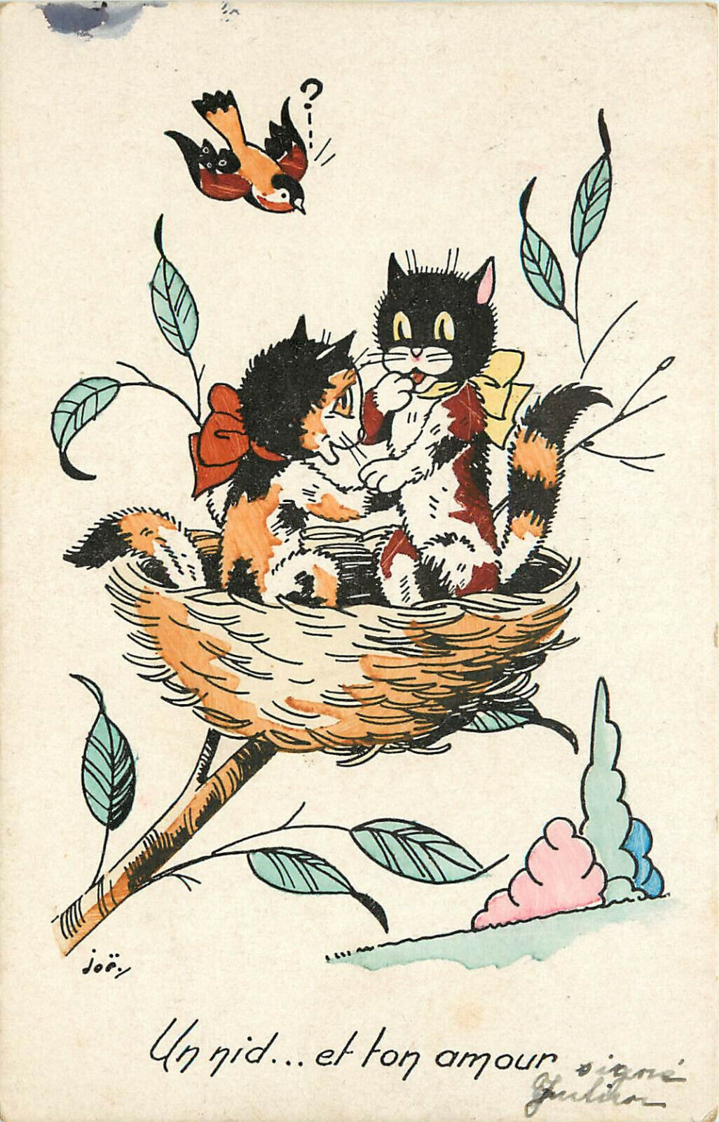 Hand Colored Postcard Calico Cats in Bird Nest With Love Belgian Lottery Cancel