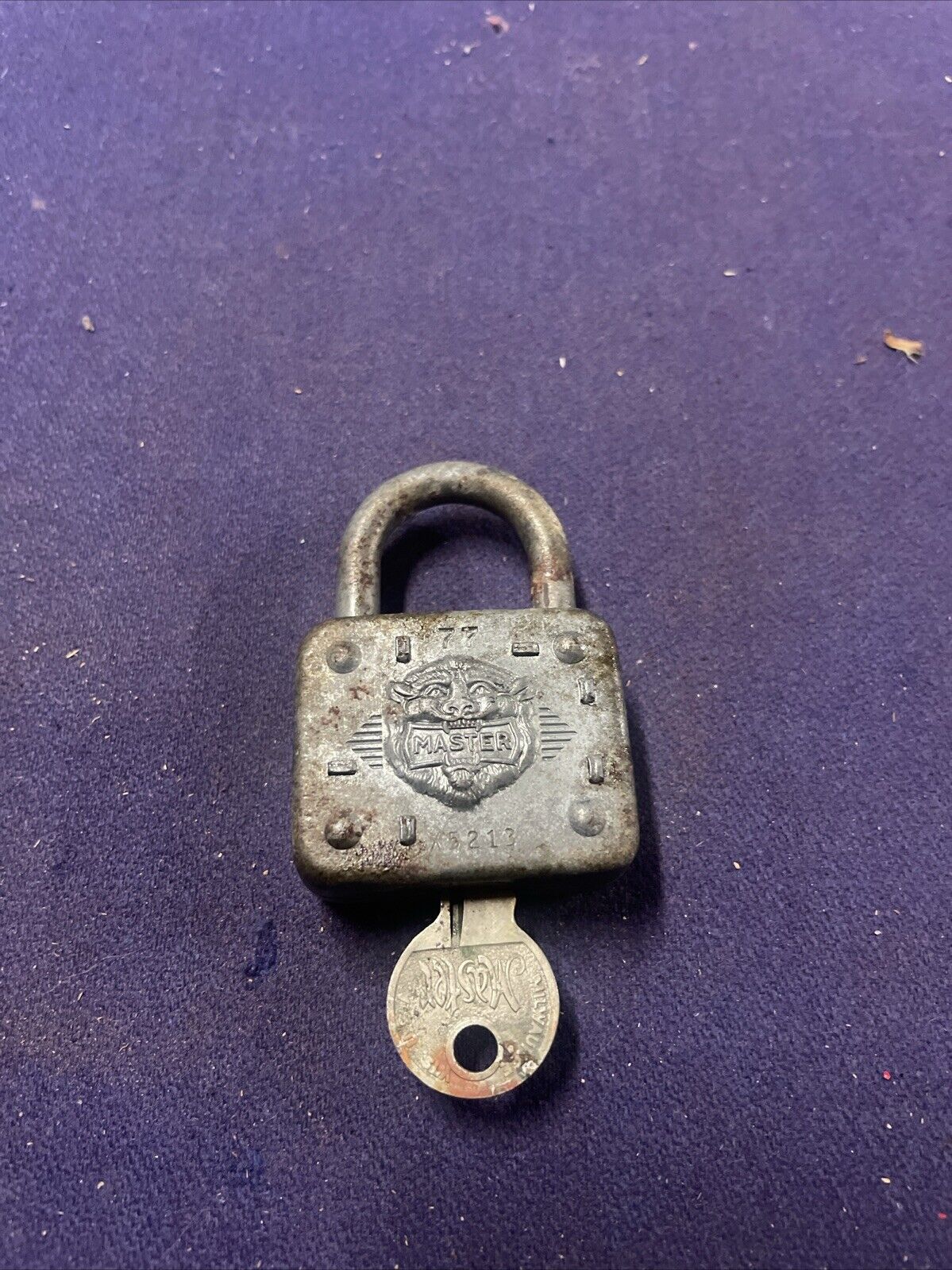 Vintage Embossed Lion Head Master Lock # 77 Padlock with Key USA- Works