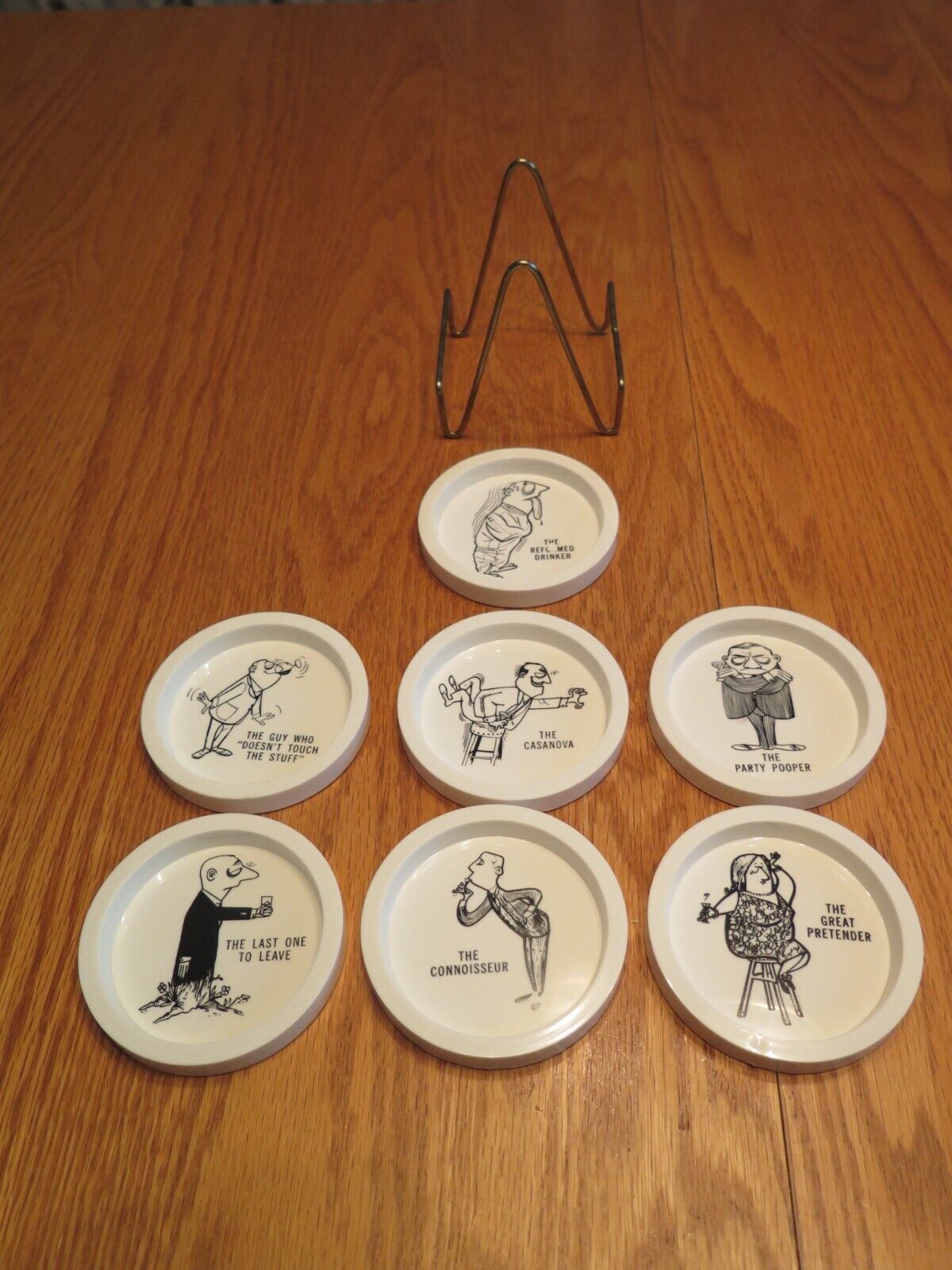 Vintage Plastic Party Drinking Bar Coasters SET OF 7 with Metal Rack