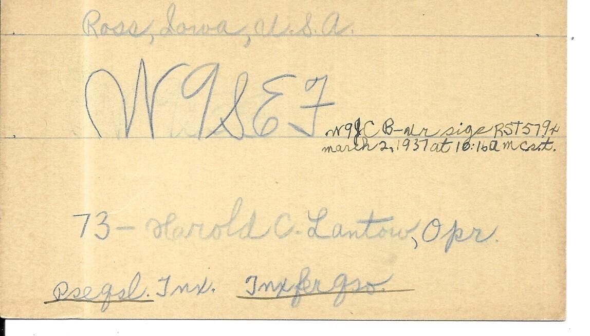 QSL 1937 Ross Iowa     radio card