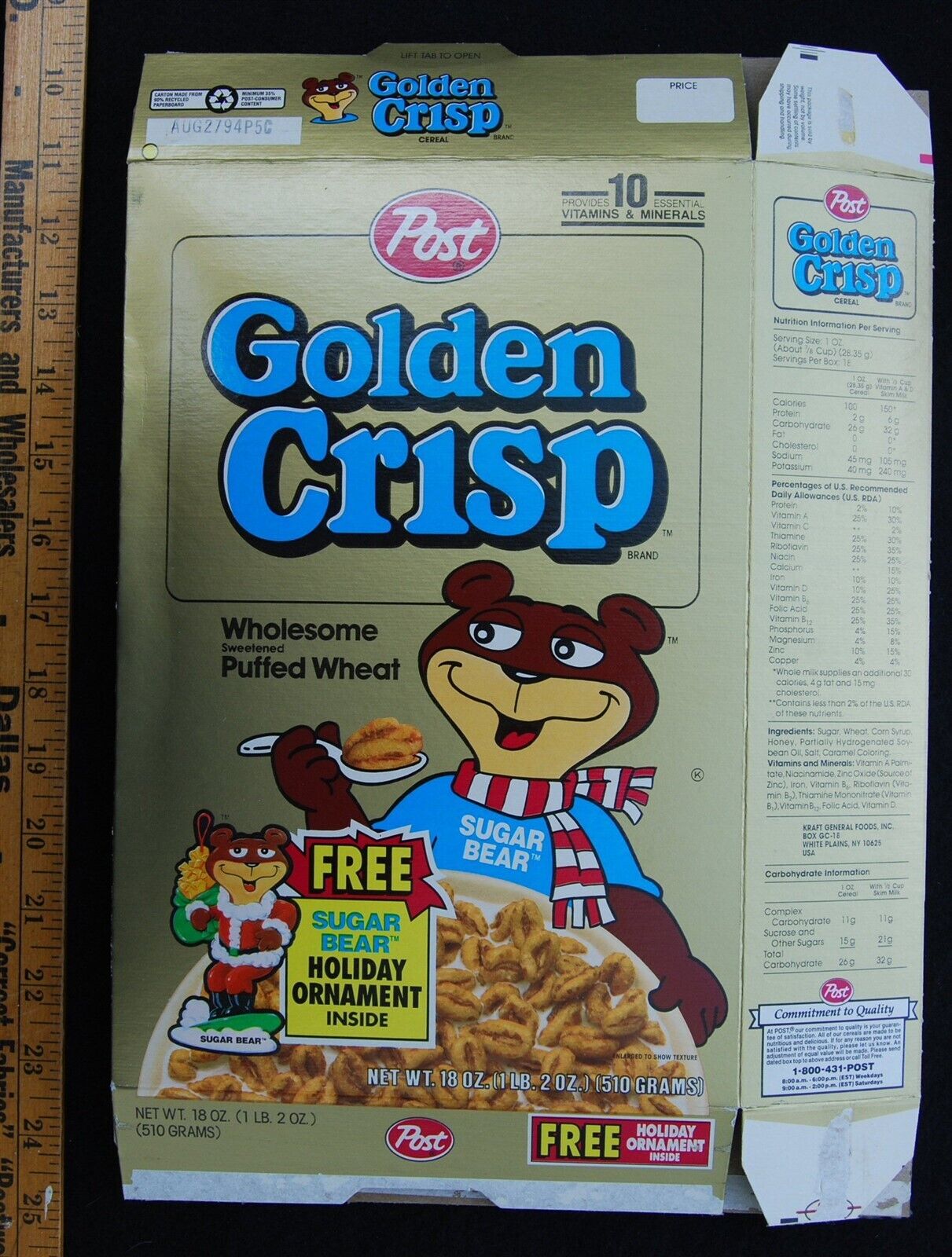 [ 1993 Post GOLDEN CRISP Cereal Box - Sugar Bear Christmas Santa Figure Promo ]