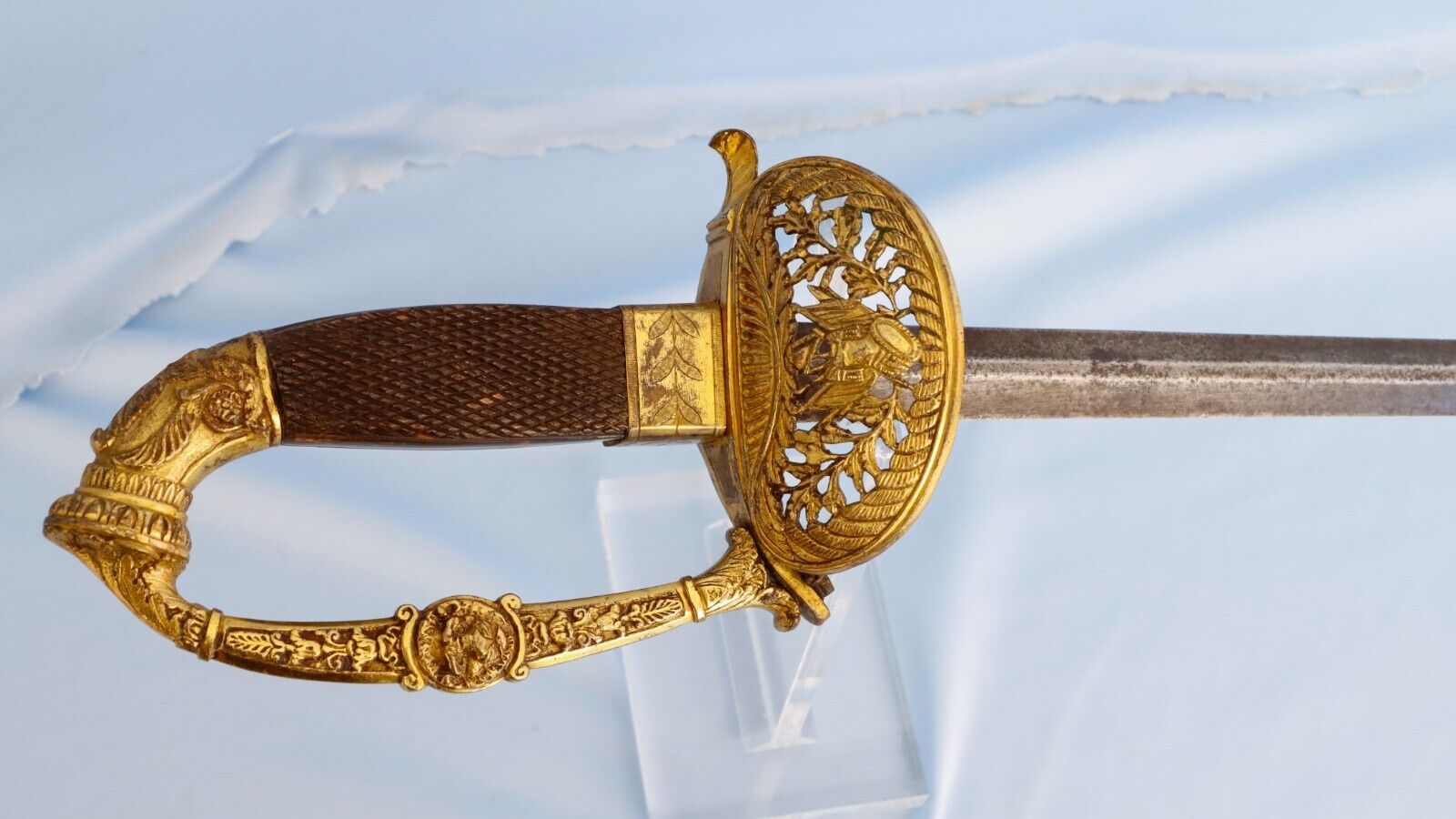 19th C Gilt Bronze French Officer Epee Sword Ebony Grip Napoleon Battle War