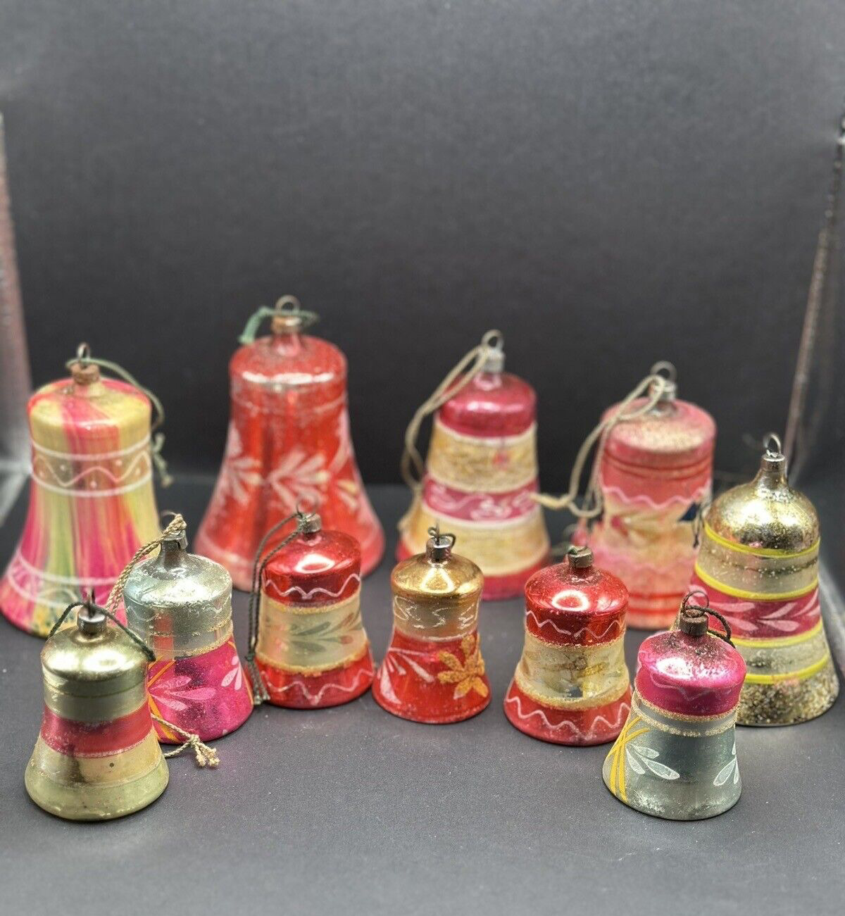 16 ANTIQUE Hand Painted Mercury Glass Bells with Clapper Christmas Ornaments