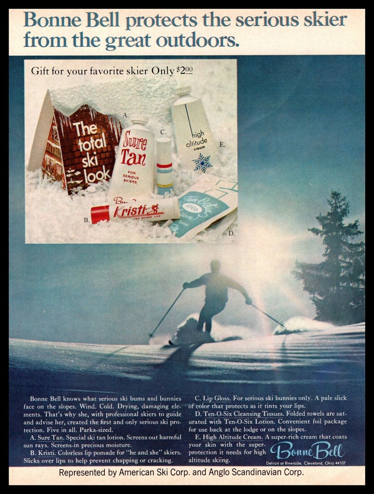 1966 Bonne Bell Snow Ski Makeup Sure Tan Lotion And High Altitude Cream Print Ad