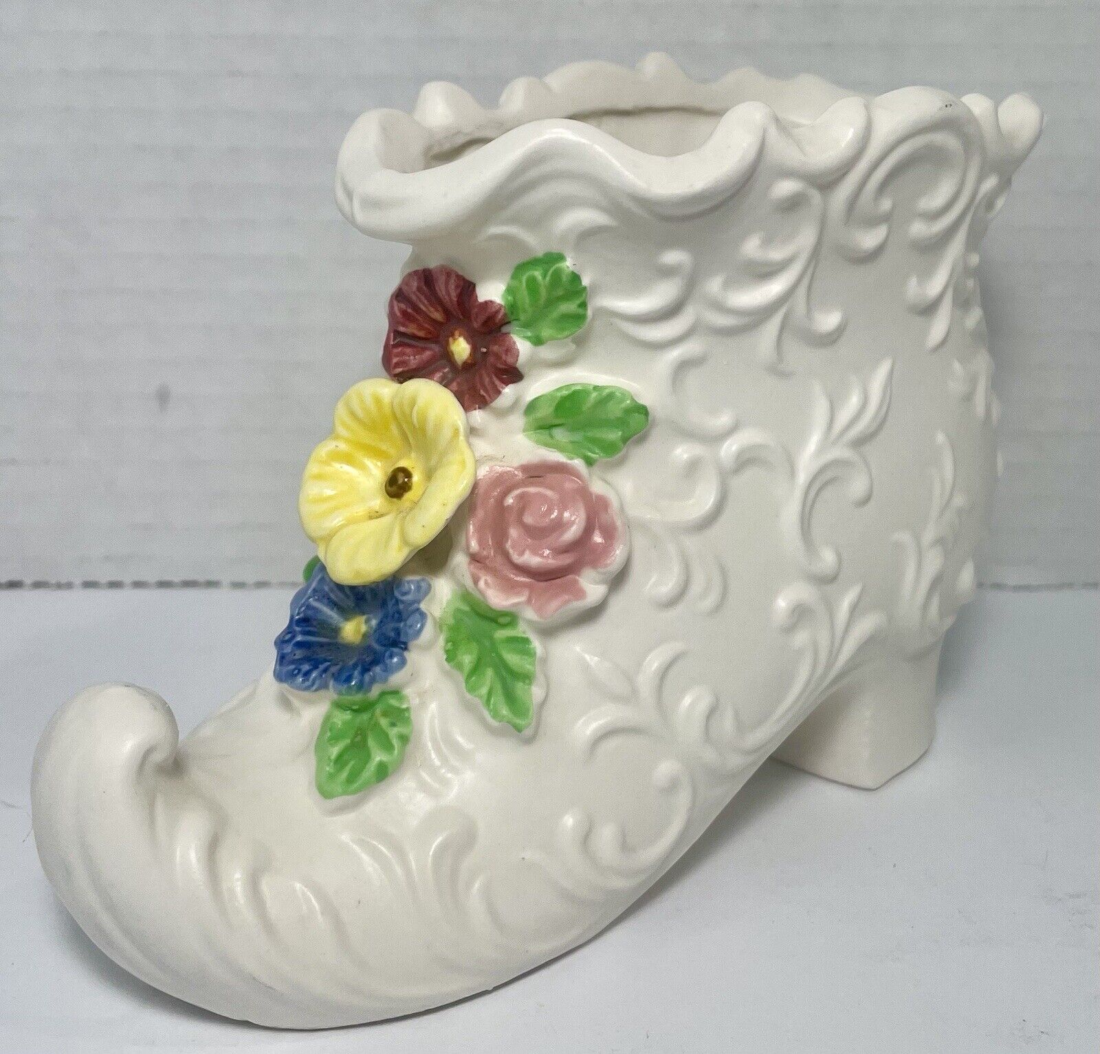 Napco C8504 Victorian Boot Shoe Planter Flowers White Ceramic Porcelain Vintage