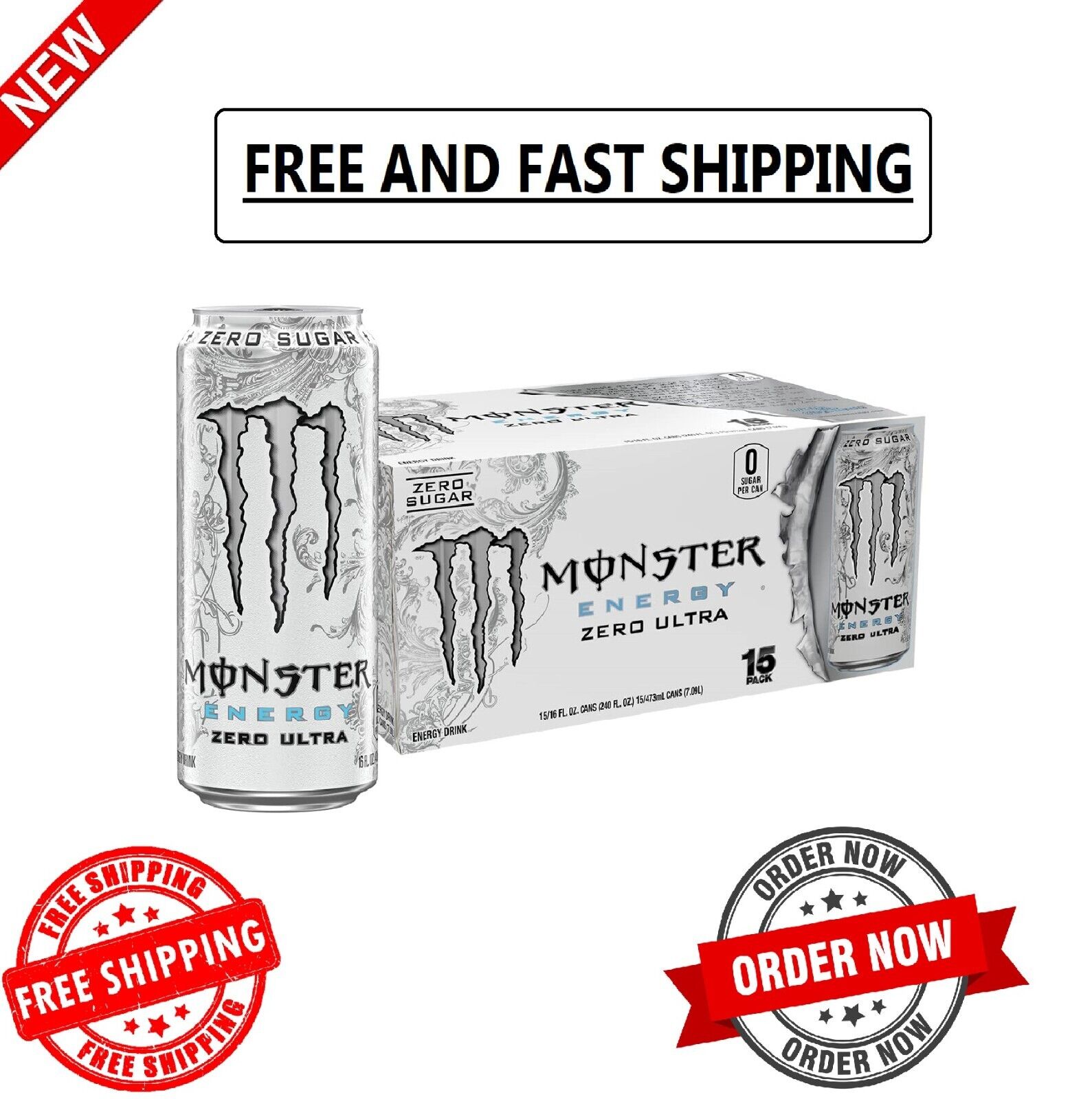 Monster Energy Zero Ultra, Sugar Free Energy Drink, 16 Ounce (Pack of 15)