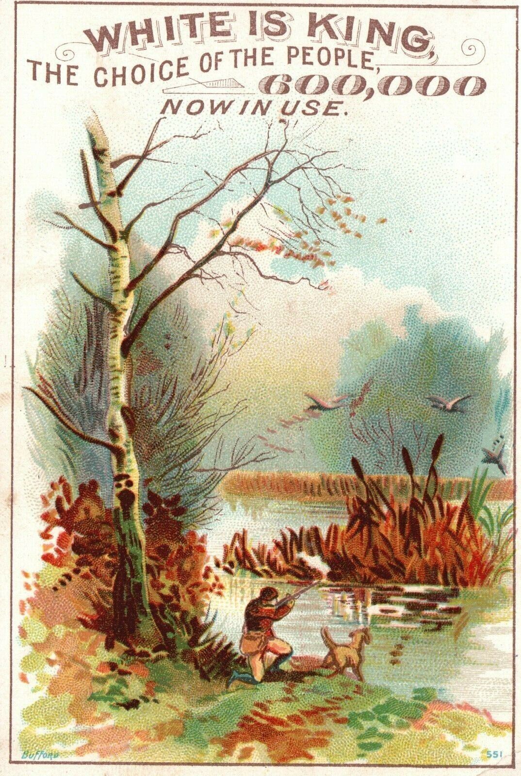 1880s-90s Bird Hunter with Dog White is King Sewing Machines Trade Card