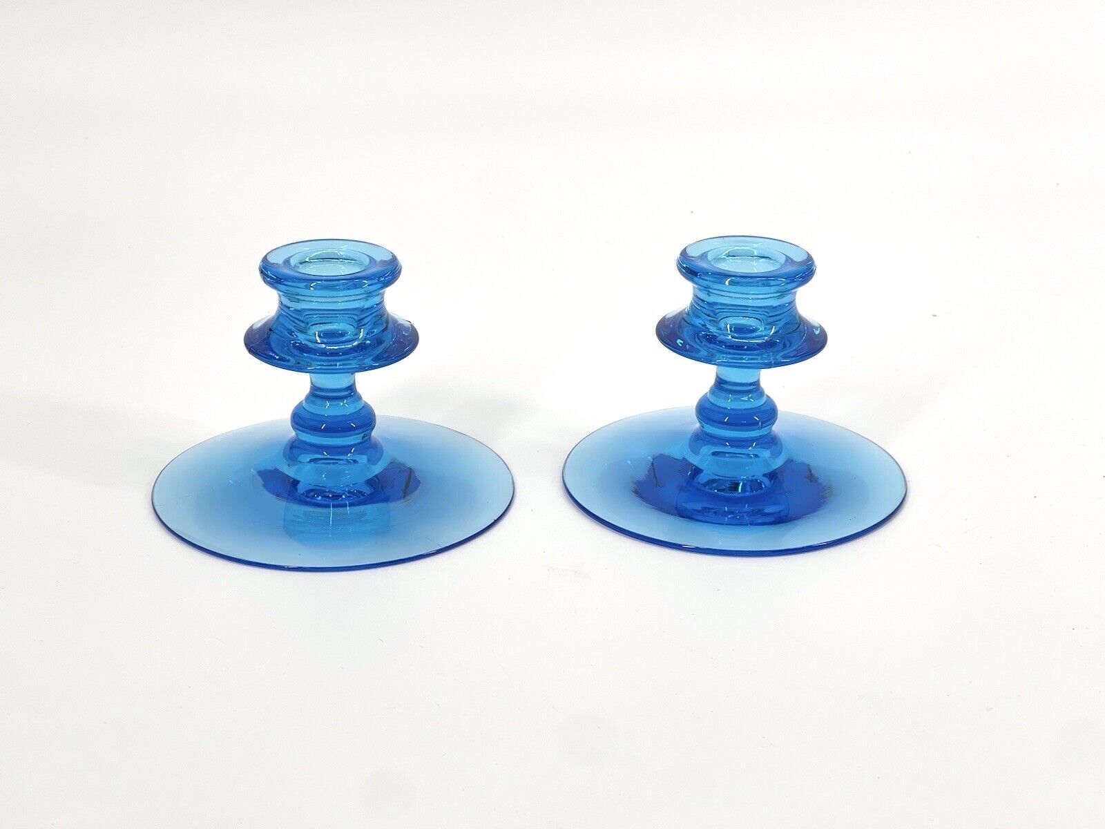Vintage Fostoria Glass Candlesticks Candle Holders 1920s Electric Blue Pair (2)